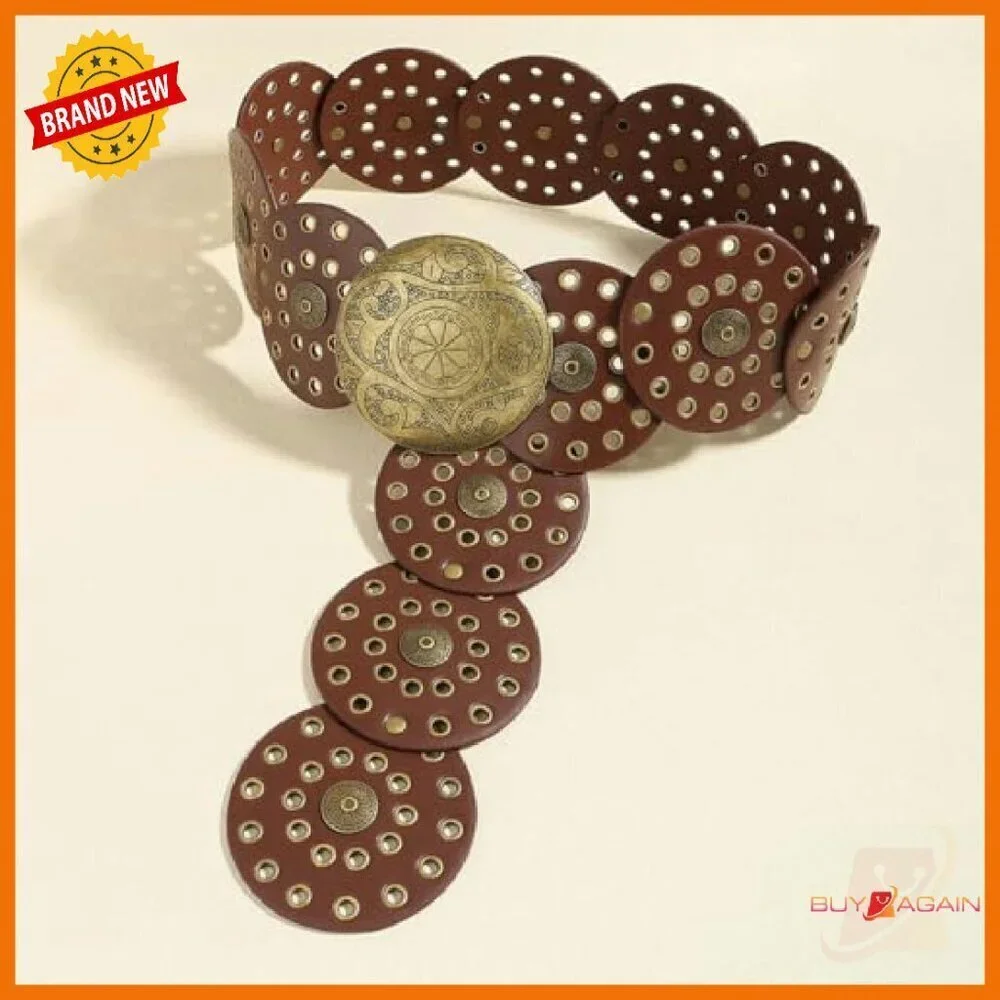 Wide Disc Concho Leather Belt Western Style Adjustable Waist Belt